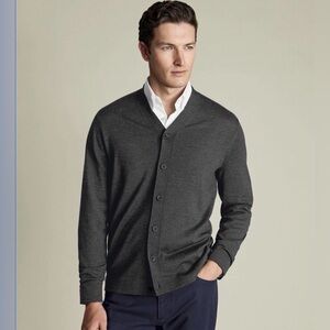 Charles Tyrwhitt Mens L Charcoal Gray Merino Wool Cardigan Button Front Grandpa